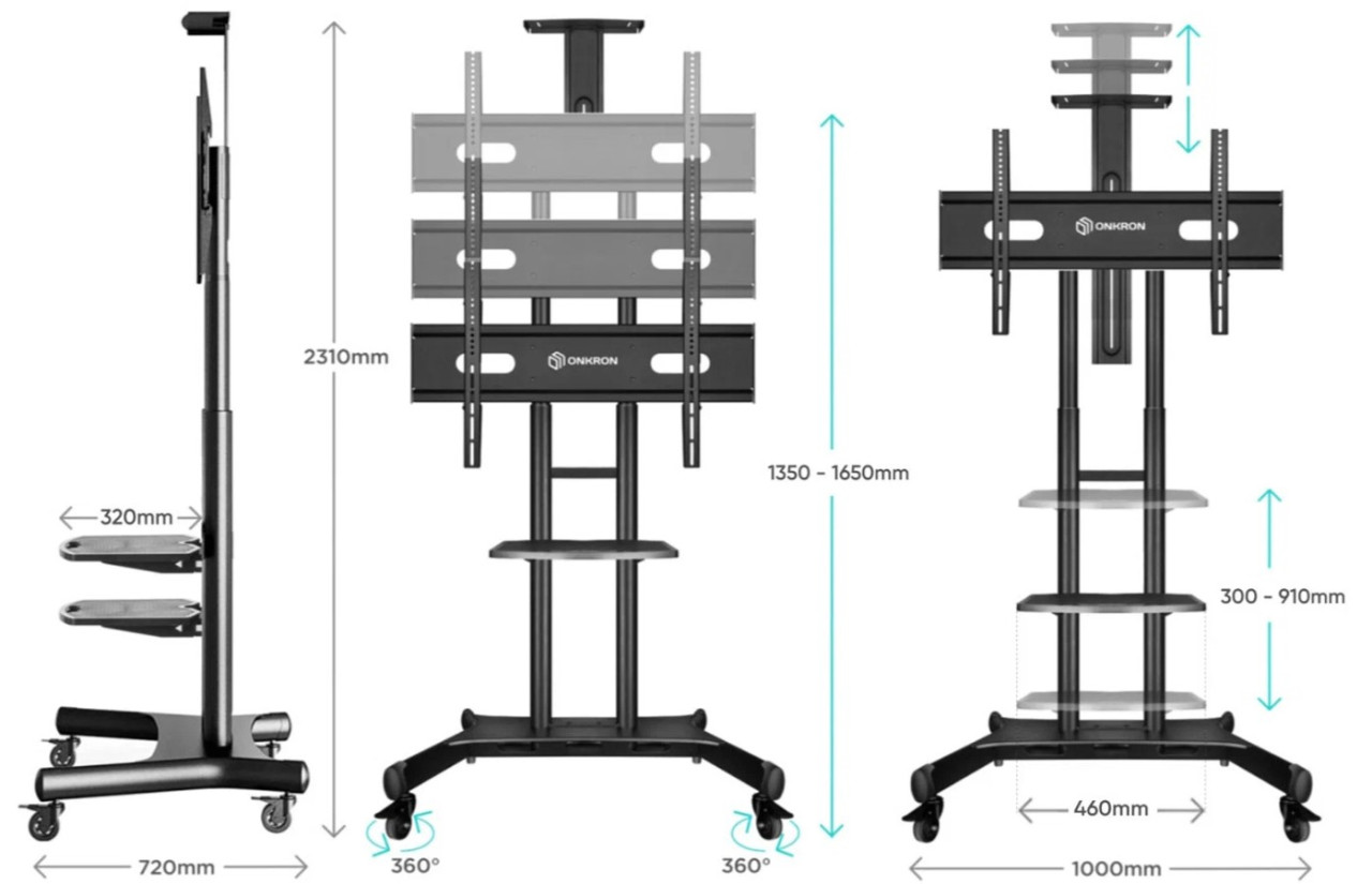 Мобильная стойка для ТВ ONKRON TS1881 чёрный, для 50"-86", нагрузка до 105, 9 кг, регулировка высоты - 1350 - 1650 мм