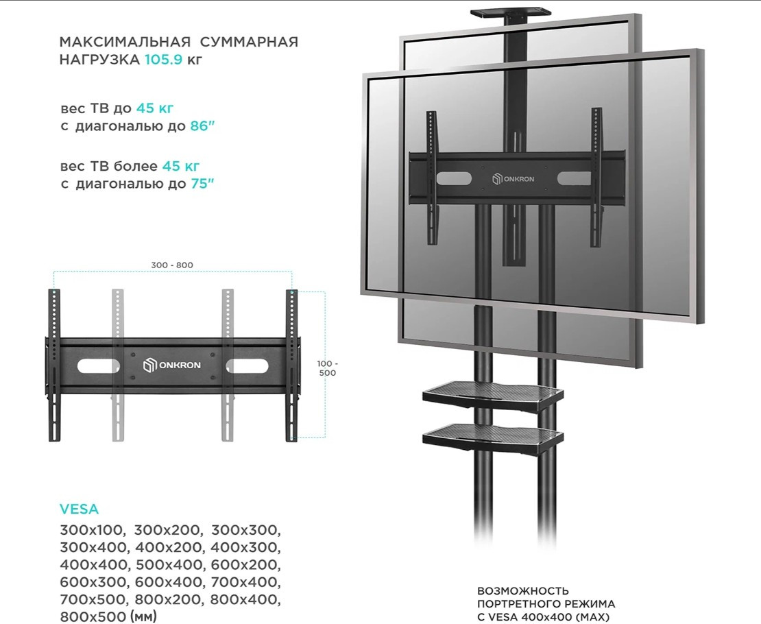 Мобильная стойка для ТВ ONKRON TS1881 чёрный, для 50"-86", нагрузка до 105, 9 кг, регулировка высоты - 1350 - 1650 мм