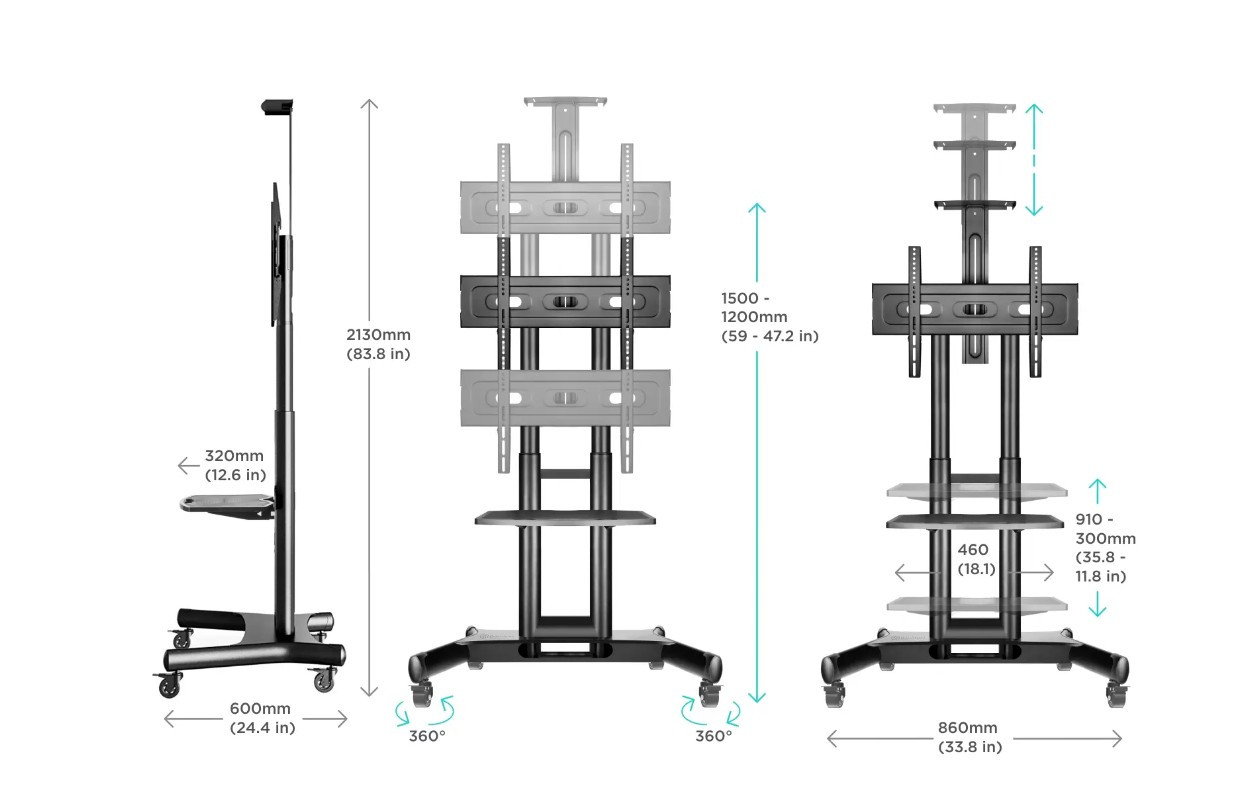 Мобильная стойка для ТВ ONKRON TS1551 чёрный, для 40"-70" Мобильная стойка для ТВ ONKRON TS1551 чёрный, для 40"-70"