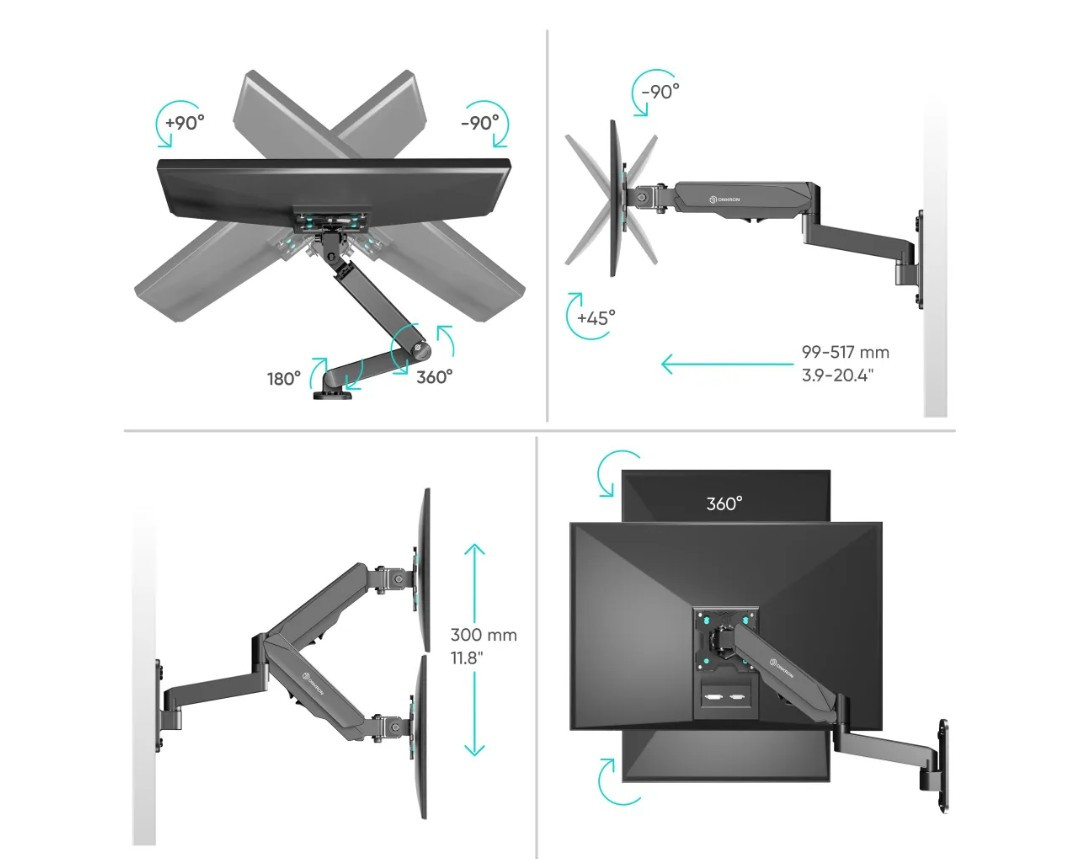 Кронштейн для ТВ ONKRON G150 чёрный, для 13"-34", наклон 45°, поворот 180°, нагрузка до 8 кг, расстояние до стены 99-517 мм