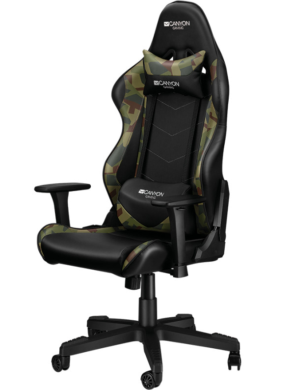 Кресло игровое CANYON Gaming chair, PU leather, Original foam and Cold molded foam, Metal Frame, Butterfly mechanism, 90-165 dgree, 3D armrest, Class 4 gas lift, Nylon 5 Stars Base, 60mm PU caster, Black+camouflage pattern