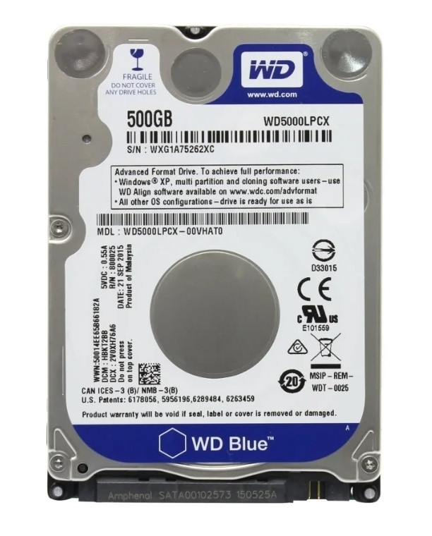 Жесткий диск 2.5 500 GB WD Scorpio Blue (16Mb 5400rpm) SATA3 6Gb/s ( WD5000LPCX ) Размеры (ШхВхД) 69.85x7x100.2 мм