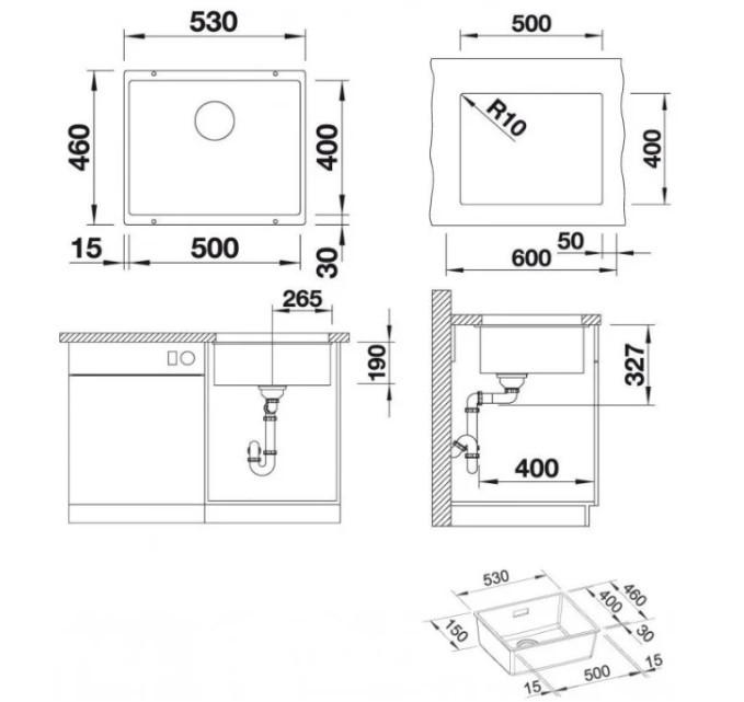 Мойка Blanco Subline 500-U Silgranit PuraDur II темная скала InFino®