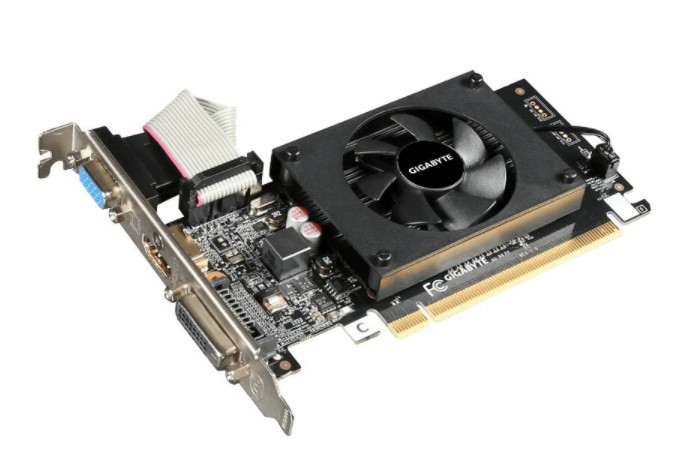 Видеокарта GIGABYTE GeForce GT710 Low Profile (GK208/28nm) (954/1800) GDDR3 2048MB 64-bit, PCI-E16x 3.0. Активное охлаждение (радиатор + вентилятор). Количество поддерживаемых мониторов - 2. ( DVI-D, HDMI ) ( GV-N710D3-2GL )