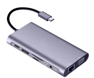 Док-станция/Сетевой адаптер USB 3.1 Type-C KS-is KS-701 (RJ45 1Гбит/с, 3xUSB 3.0 Type-A, 1xUSB 3.0 Type-C, 4K HDMI, VGA, CardReader SD/TF, 3.5mm Jack)