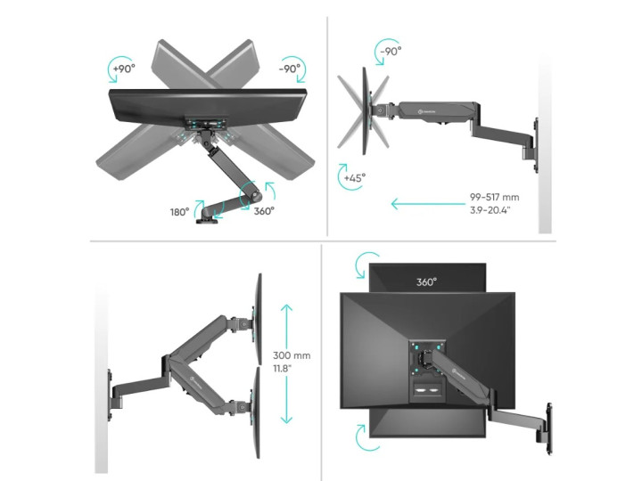 Кронштейн для ТВ ONKRON G150 чёрный, для 13"-34", наклон 45°, поворот 180°, нагрузка до 8 кг, расстояние до стены 99-517 мм