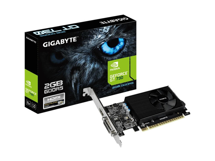 Видеокарта GigaByte GeForce GT730 (GF108-400-A1) (902/1800) GDDR3 2048MB 64-bit, PCI-E16x 3.0. Количество поддерживаемых мониторов - 3. (DVI-D, поддержка HDCP, HDMI, VGA)