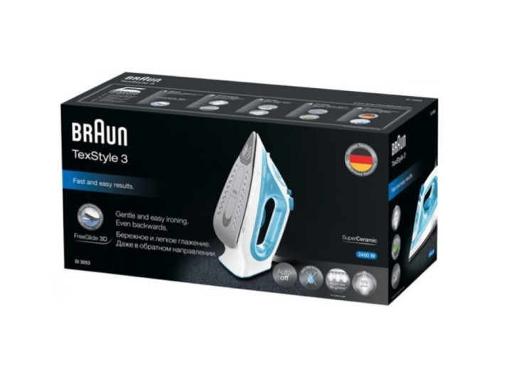 Утюг Braun SI3053BL белый/голубой (2400 Вт/ подошва - керамика/ паровой удар - 170 г/мин/ 2 м/ автоотключение)